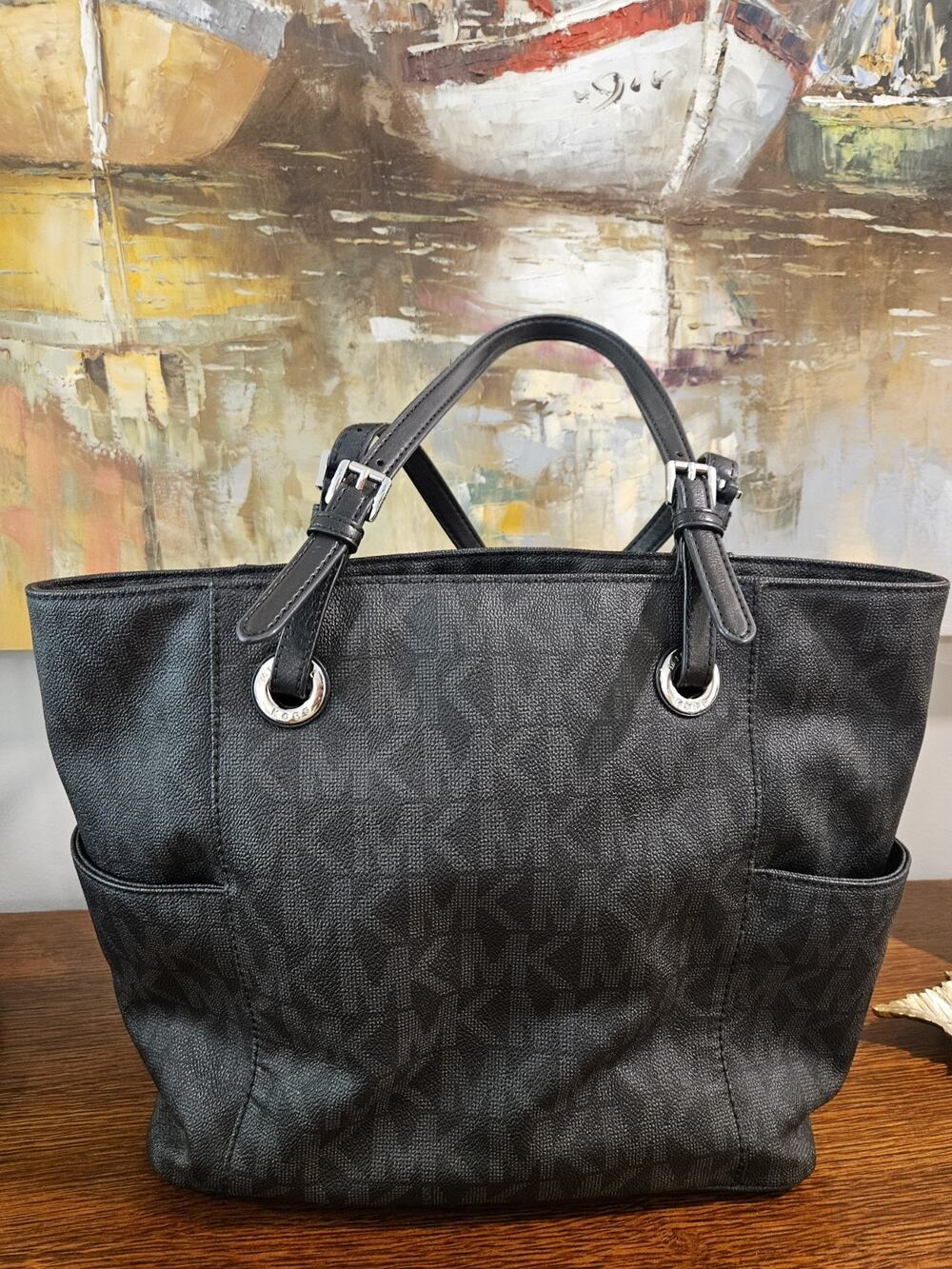 Michael Kors Jet Set Signature Logo Tote Bag Black Monogram Silver Hardware